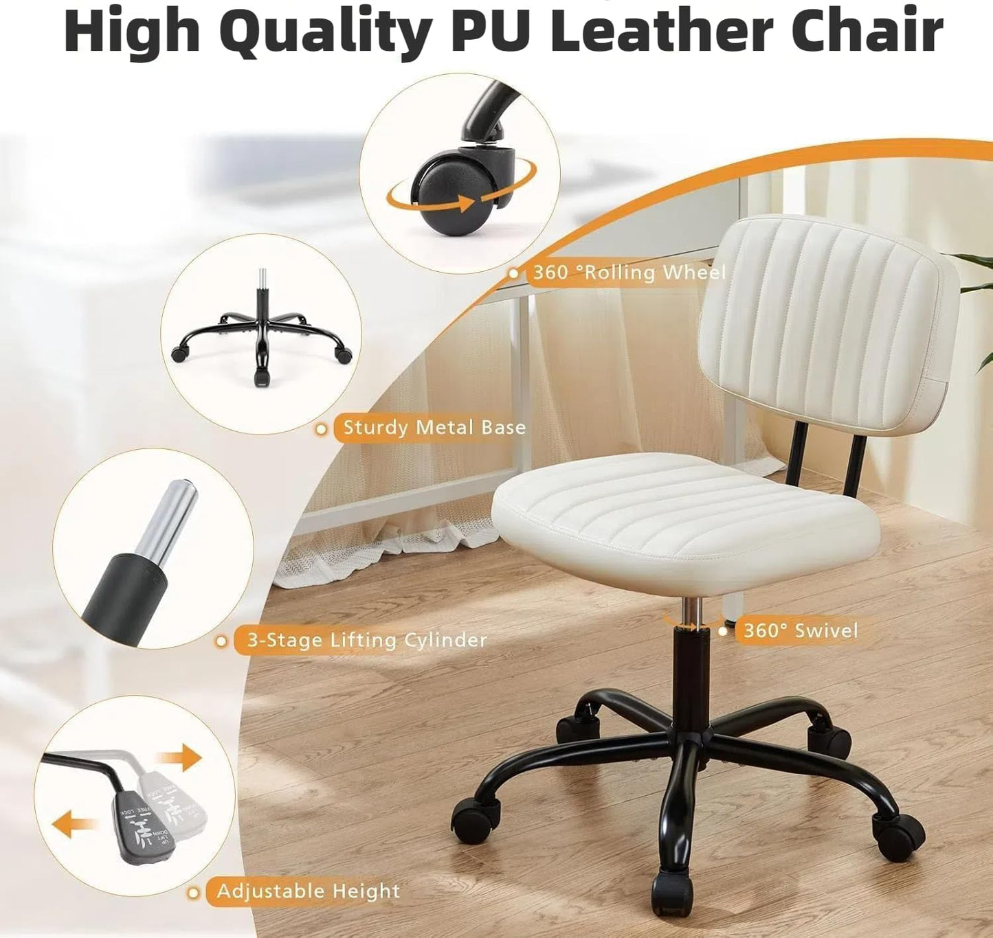 HealSmart Small Office Desk Chair with Wheels, Armless Desk Chair with Lumbar Support, PU Leather Low Back Adjustable Height 360° Rolling Swivel Task Chair Without Arm for Home, Bedroom,Office