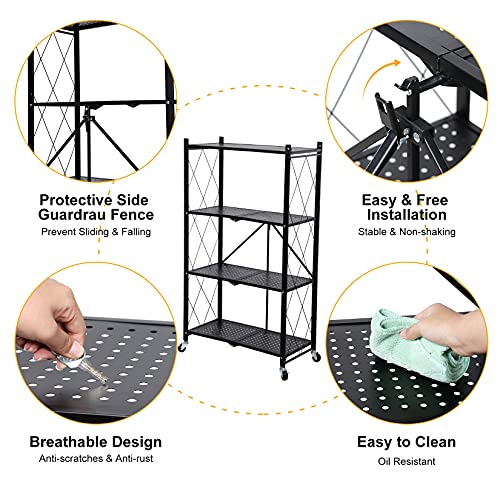 YSSOA 4-Tier Heavy Duty Foldable Metal Rack Storage Shelving Unit with Wheels Moving Easily Organizer Shelves Great for Garage Kitchen, Black