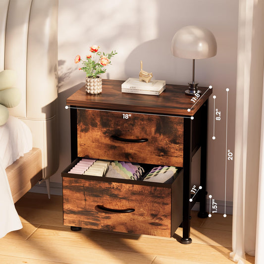Simple Deluxe Nightstand 2 Drawers Dresser for Bedroom, Night Stand Set 2, 3-Tier Bedside Table with Fabric Bins, End Table for Living Room, Wood top Load-Bearing up to 44 lb
