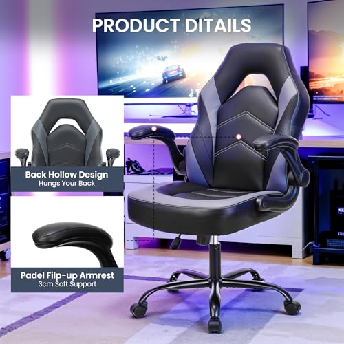 YSSOA Computer Gaming Chair PU Leather Ergonomic Lumbar Support with Flip-up Armrest and 360° Swivel Wheels, Height Adjustable Task Home Office Desk Video Racing, Red