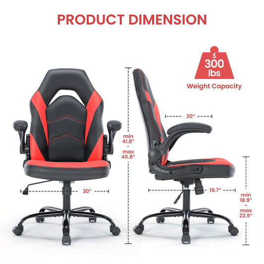 YSSOA Computer Gaming Chair PU Leather Ergonomic Lumbar Support with Flip-up Armrest and 360° Swivel Wheels, Height Adjustable Task Home Office Desk Video Racing, Red