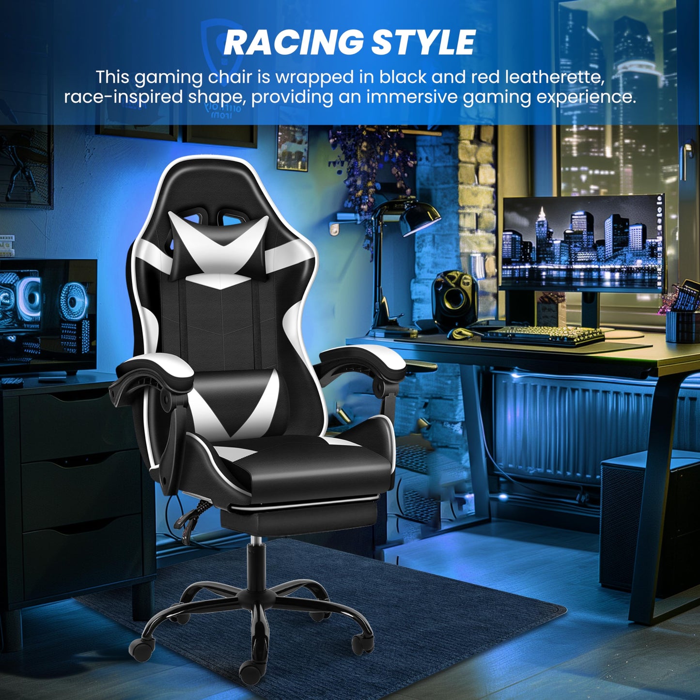 Gaming Chair, Backrest and Seat Height Adjustable Swivel Recliner Racing Office Computer Ergonomic Video Game Chair with Footrest and Lumbar Support