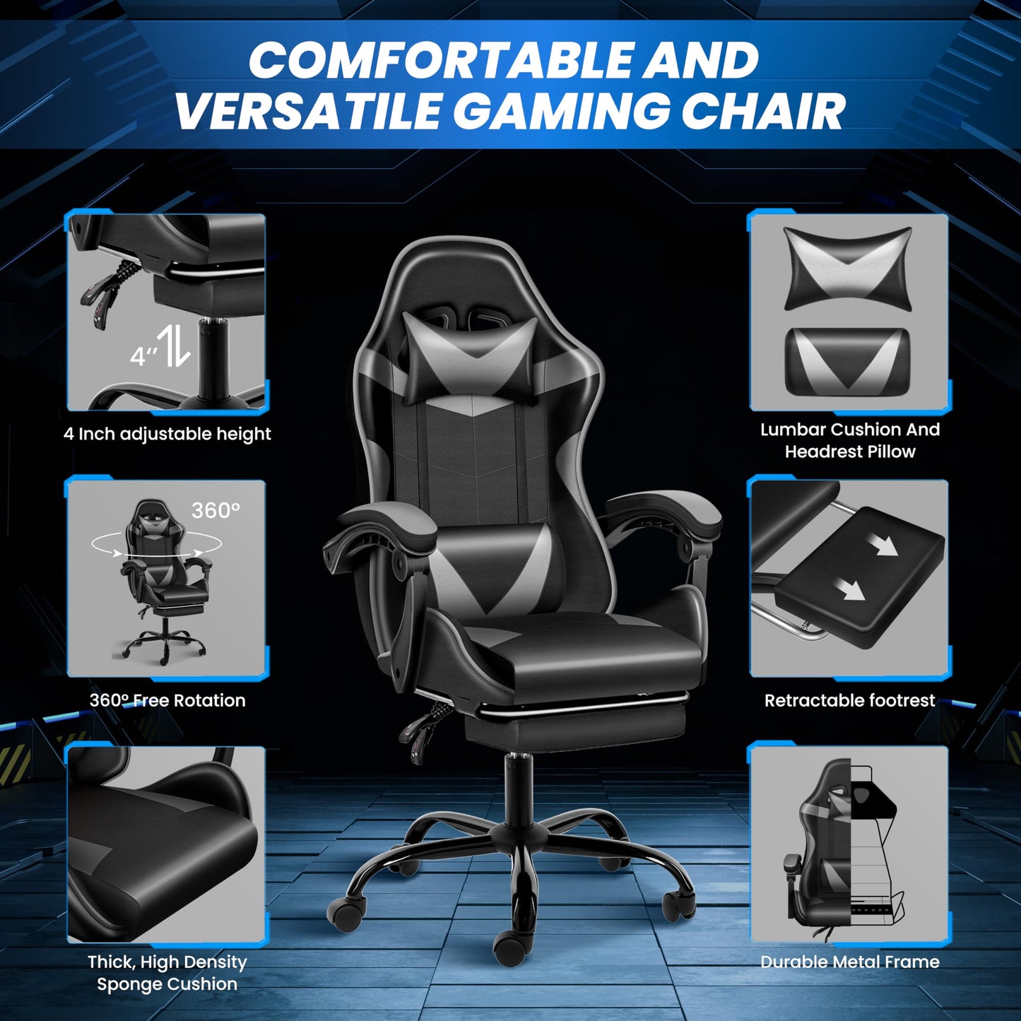 Gaming Chair, Backrest and Seat Height Adjustable Swivel Recliner Racing Office Computer Ergonomic Video Game Chair with Footrest and Lumbar Support