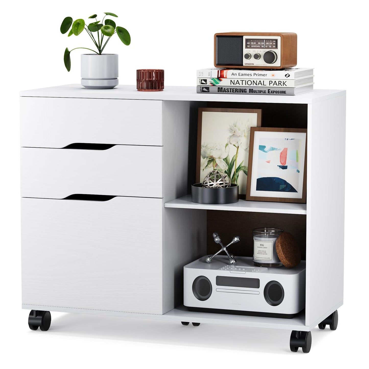 Simple Deluxe 3-Drawer File Cabinet, Lateral Mobile Filing Cabinet Wood Storage Organizer with Wheels