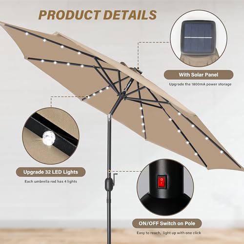 Simple Deluxe 9' Solar Umbrella 32 LED Lighted Patio Umbrella Table Market Umbrella for Garden, Deck, Backyard and Pool
