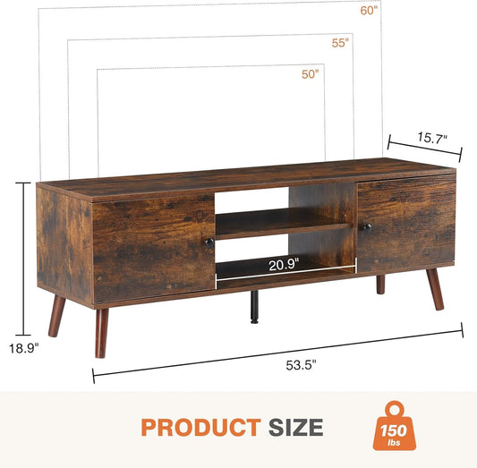 YSSOA TV Stand for 40 55 60 inch Living Room, 2 Cabinet Media Console Table, Entertainment Center with Storage, Soft Hinge Door with Handle, Wood Feet, Bedroom Furniture-Brown