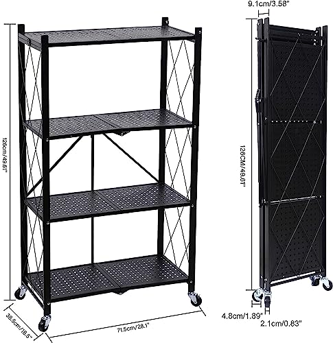 YSSOA 4-Tier Heavy Duty Foldable Metal Rack Storage Shelving Unit with Wheels Moving Easily Organizer Shelves Great for Garage Kitchen, Black