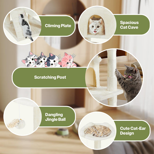 54 Inches Cat Tree Condo Furniture, Cat Tree for Indoor Cats, Cozy Hammock and Sisal Scratching Posts, Cat Tower Multi-Level Durable Cat Scratch Post for Kittens Pet House Play, Detachable, Beige