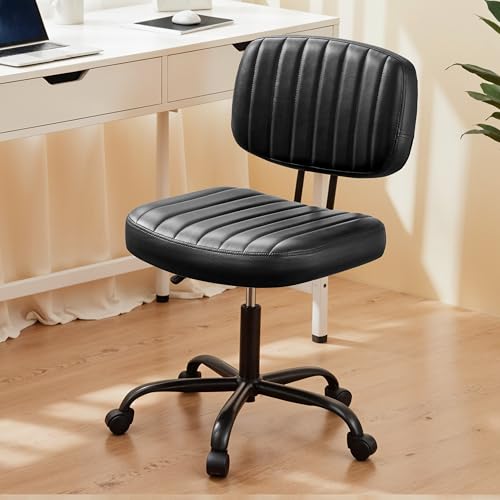 Small Office Chair, Armless Desk Chair with Wheels, Height Adjustable PU Leather Computer Task with Lumbar Support, 360° Swivel Rolling Chair No Arms for Small Space, Bedroom, Home, Office