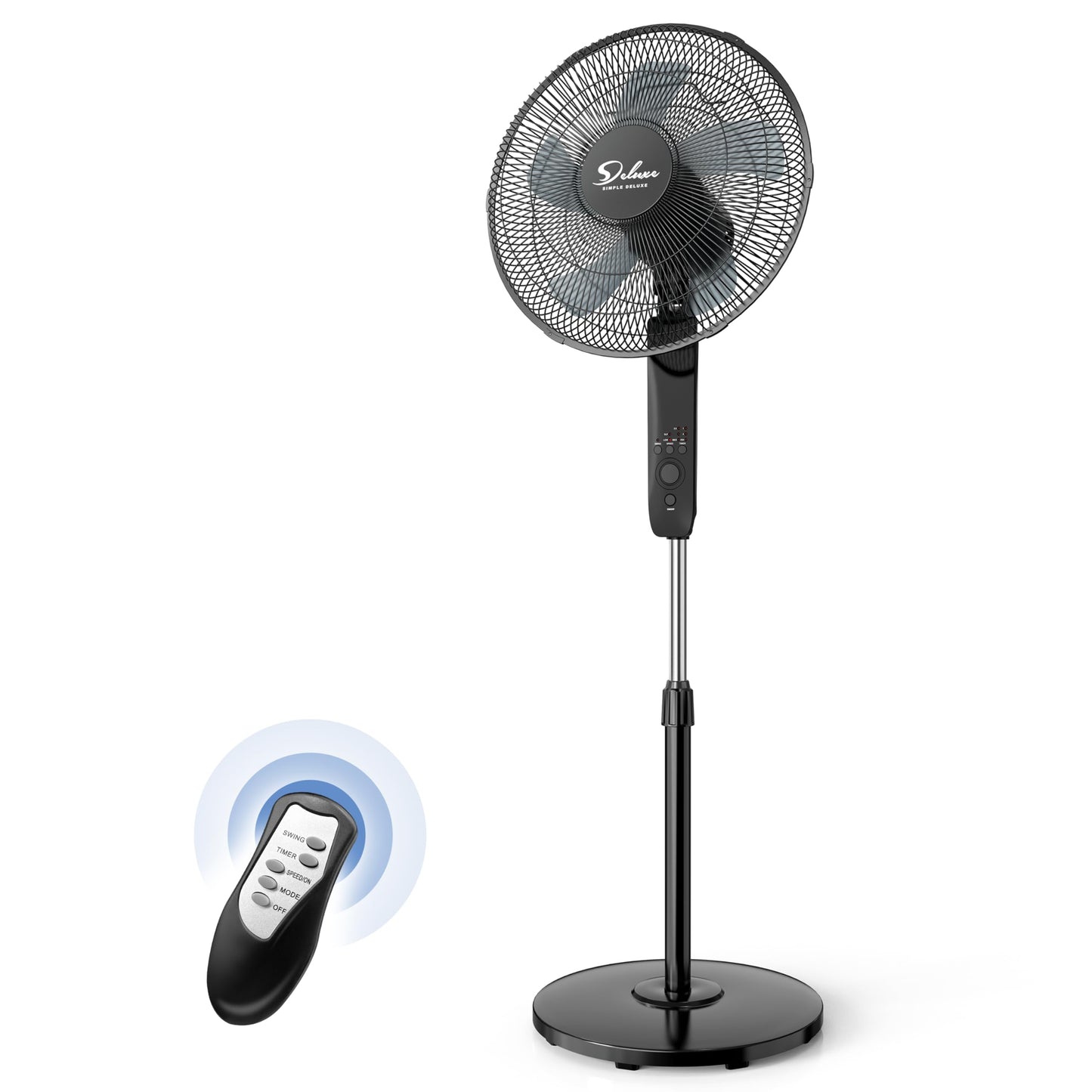 Simple Deluxe 16" Pedestal Fan for Bedroom, 75° Oscillating Standing Floor Fan with 3 Speeds, Powerful 20ft/s Airflow, Adjustable Height & Tilt, Remote Control, for Home & Office Group