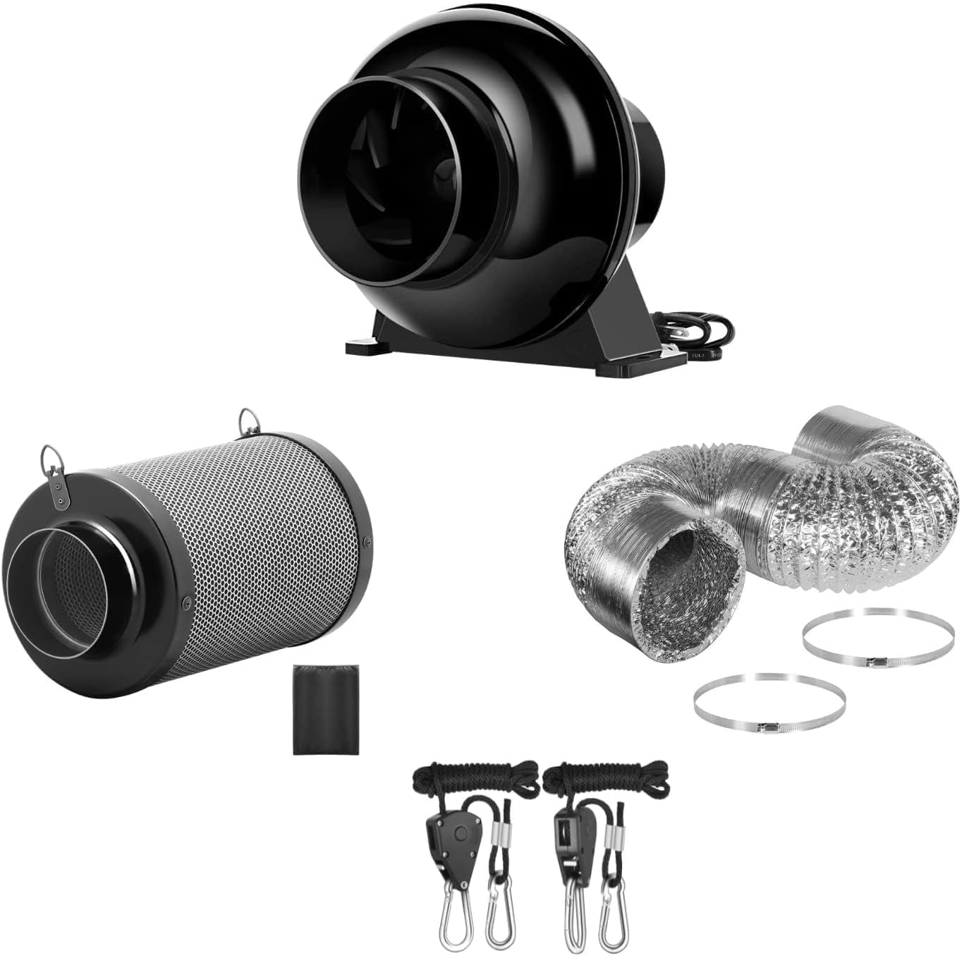 iPower 4 Inch Inline Fan, Air Carbon Filter, 8 Feet Aluminum 4 Layer Protection Ducting and Rope Hanger, Temperature Humidity Monitor, Combo for Grow Tent, Greenhouse, Kitchen, Basement