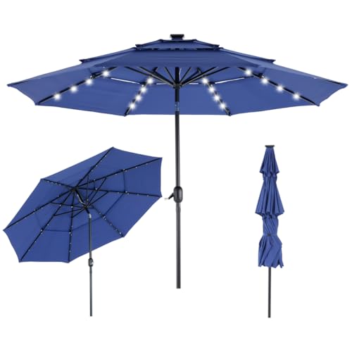 Simple Deluxe 10' 3-Tiers Solar Patio Umbrella 32 LED Lighted Table Market Umbrellas with Push Button Tilt/Crank Outdoor Umbrella for Garden, Deck, Backyard and Pool