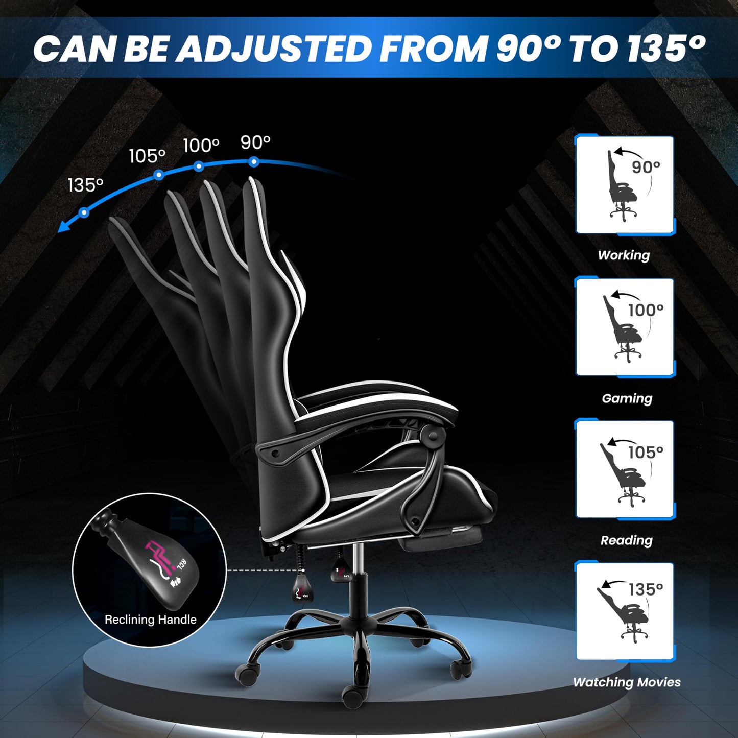 Gaming Chair, Backrest and Seat Height Adjustable Swivel Recliner Racing Office Computer Ergonomic Video Game Chair with Footrest and Lumbar Support