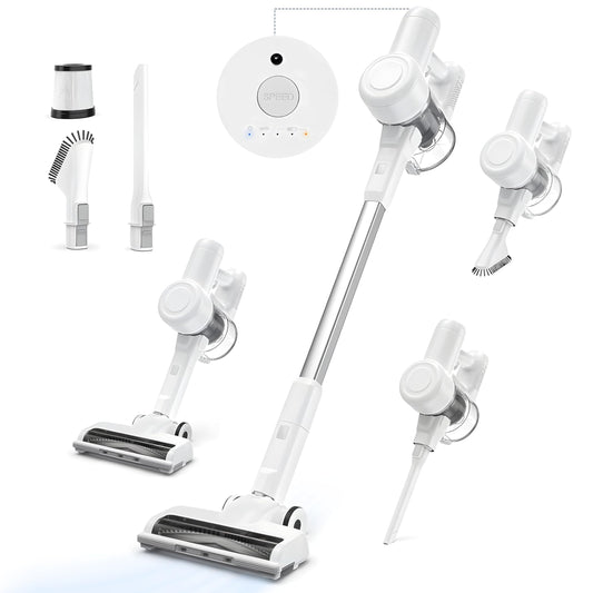 YSSOA Stick Cordless Vacuum Cleaner with 45 Mins Runtime, Lightweight Vac with LED, Electric Rechargeable Powerful Suction for Pet Hair, Hard Floor, Tile, White