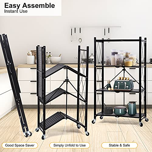 YSSOA 4-Tier Heavy Duty Foldable Metal Rack Storage Shelving Unit with Wheels Moving Easily Organizer Shelves Great for Garage Kitchen, Black