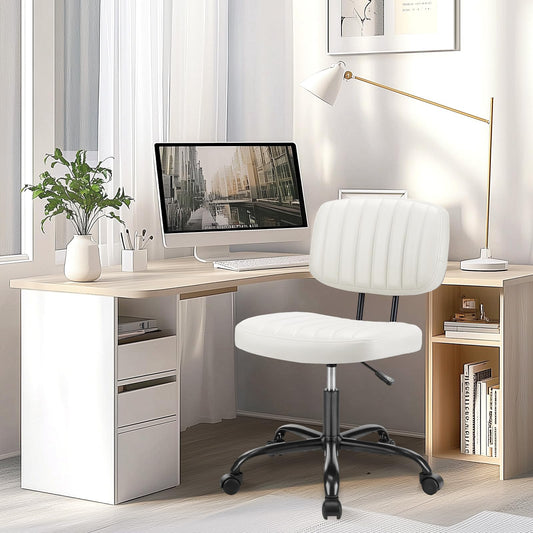 YSSOA Home Office Chair Desk Chair with Low Back and Wheels PU Leather Computer Chair Ergonomic Adjustable Height Comfy Chair Armless with Swivel Rolling Vanity Chairs for Bedroom Adult White