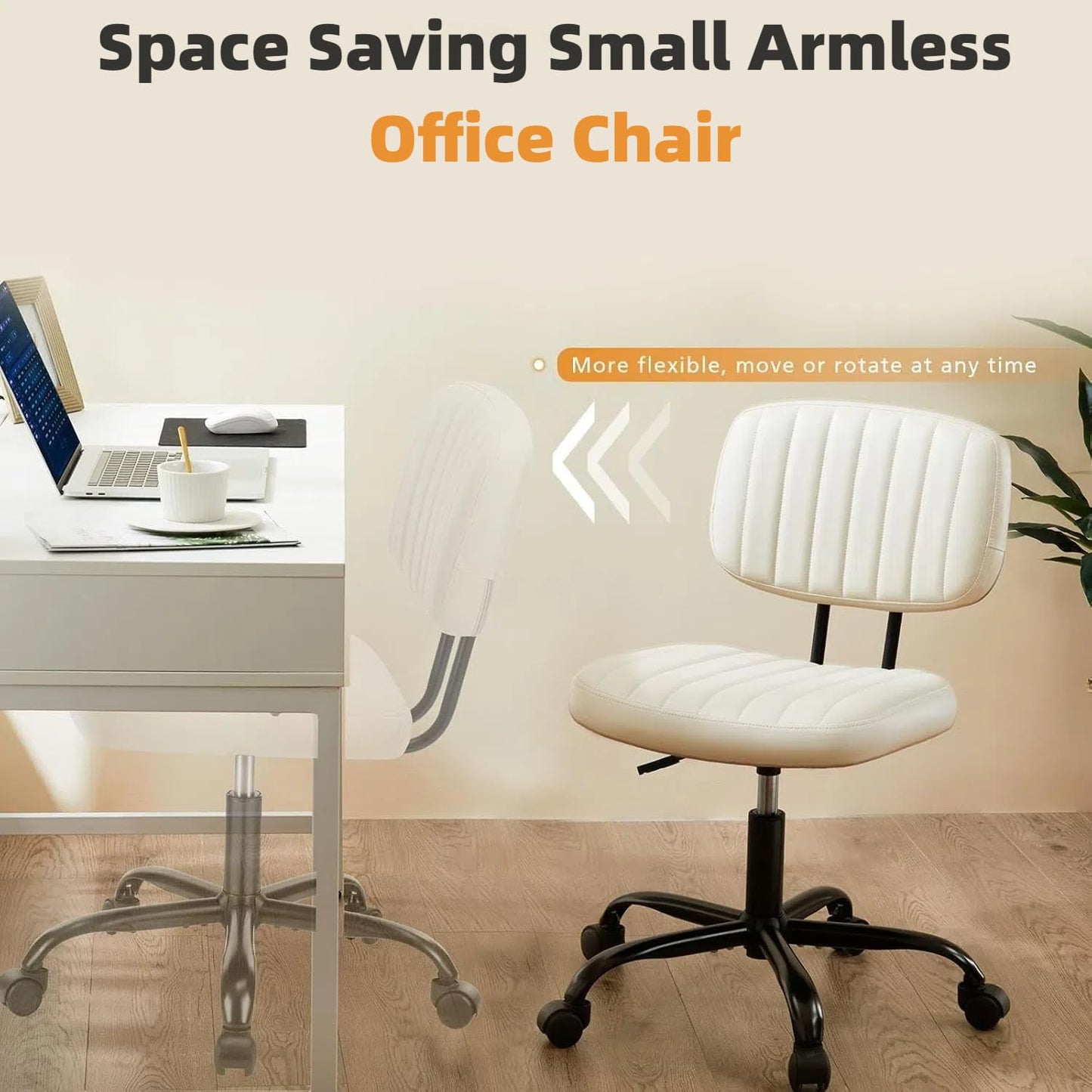 HealSmart Small Office Desk Chair with Wheels, Armless Desk Chair with Lumbar Support, PU Leather Low Back Adjustable Height 360° Rolling Swivel Task Chair Without Arm for Home, Bedroom,Office