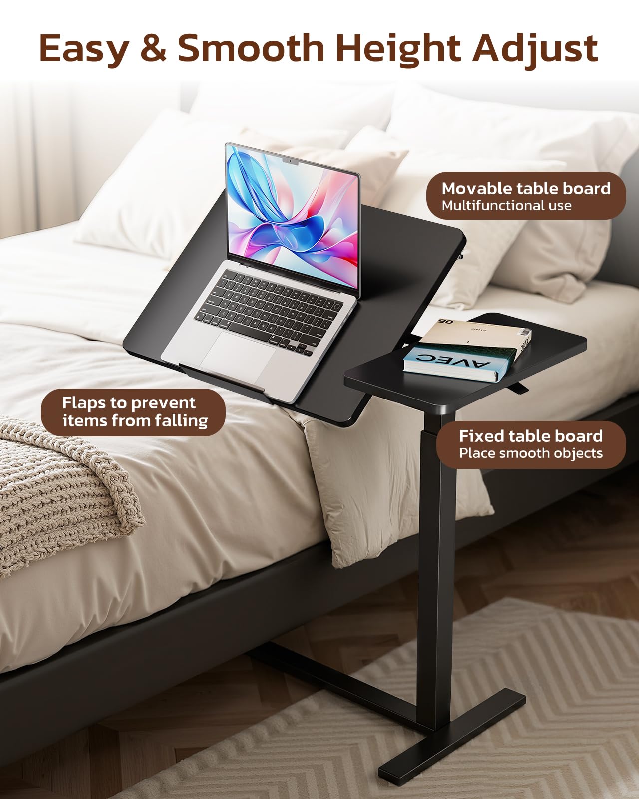 Overbed Bedside Table with Hidden Casters, Adjustable Hospital & Home Use Bed Table, Rolling Laptop Table, Movable Standing Desk