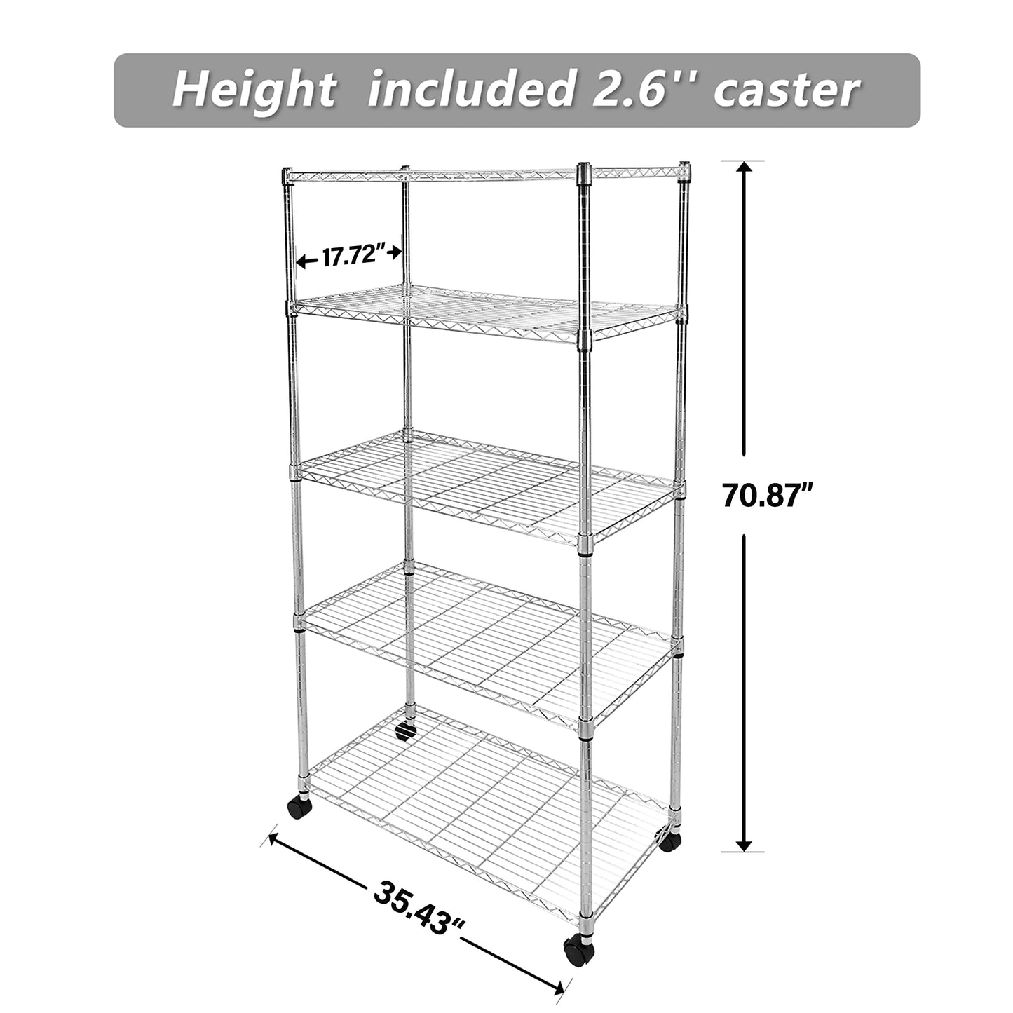 YSSOA Heavy Duty 5-Shelf Storage Shelves, 1750Lb Loading Capacity, 35.43" W x 17.72" D x 70.87" H Adjustable Shelving Unit with Wheels, Chrome, 2 Pack