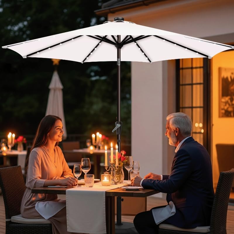 Simple Deluxe 9' Solar Patio Umbrella 32 LED Lighted Table Market Umbrellas with Push Button Tilt/Crank Outdoor Umbrella for Garden, Deck, Backyard and Pool