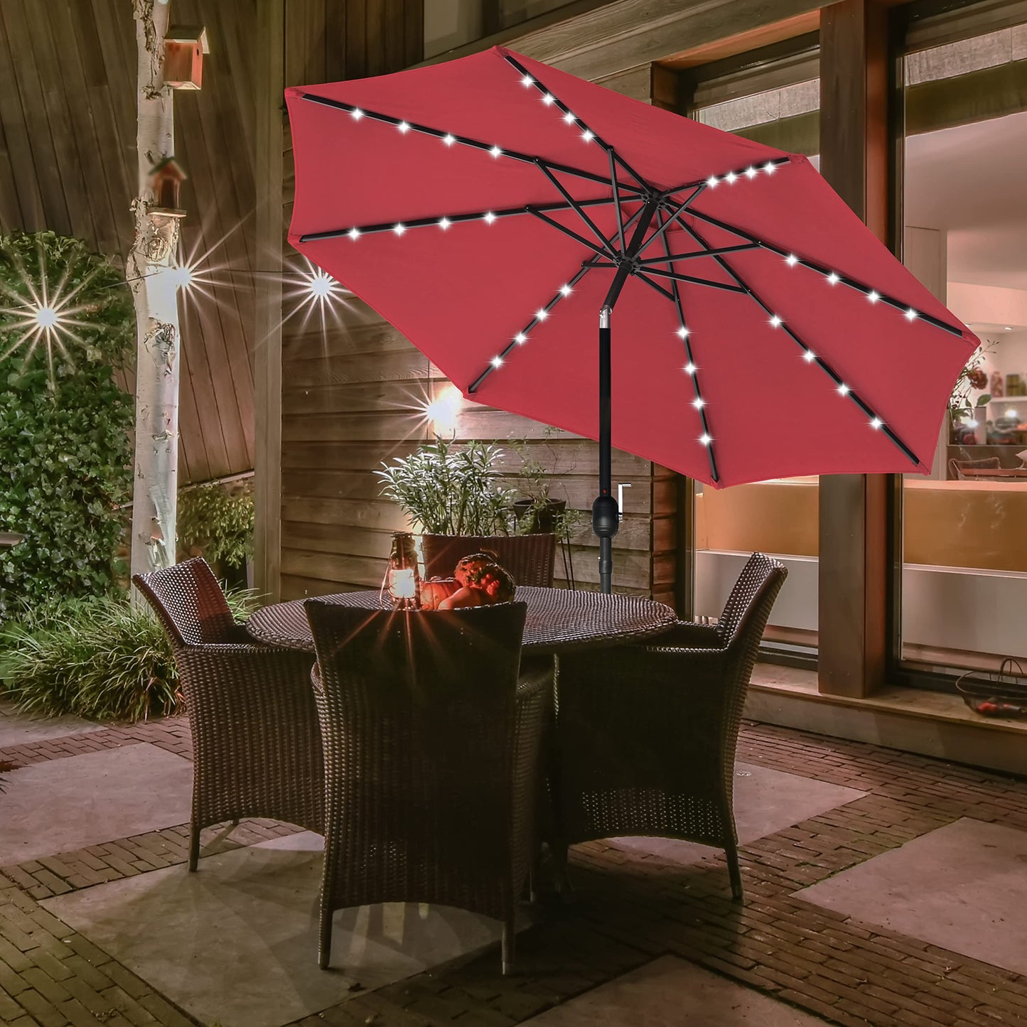 Simple Deluxe 9' Solar Umbrella 32 LED Lighted Patio Umbrella Table Market Umbrella with Push Button Tilt/Crank Outdoor Umbrella for Garden, Deck, Backyard and Pool
