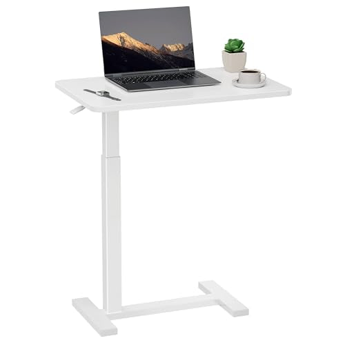 Simple Deluxe Adjustable Overbed Bedside Table with Wheels, Rolling Laptop Table, Pneumatic Adjustable Hospital & Home Use Bed Table, Mobile Standing Desk, Brown