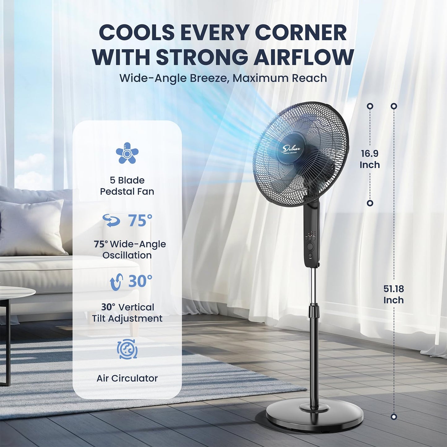 Simple Deluxe 16" Pedestal Fan for Bedroom, 75° Oscillating Standing Floor Fan with 3 Speeds, Powerful 20ft/s Airflow, Adjustable Height & Tilt, Remote Control, for Home & Office Group