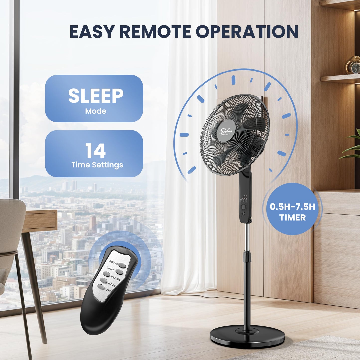 Simple Deluxe 16" Pedestal Fan for Bedroom, 75° Oscillating Standing Floor Fan with 3 Speeds, Powerful 20ft/s Airflow, Adjustable Height & Tilt, Remote Control, for Home & Office Group