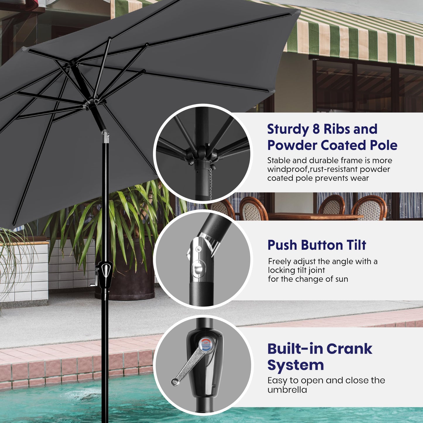 iPower 9ft Patio Umbrella Outdoor Table Umbrellas with 8 Sturdy Ribs, Push Button Tilt and Crank for Yard, Pool and Garden