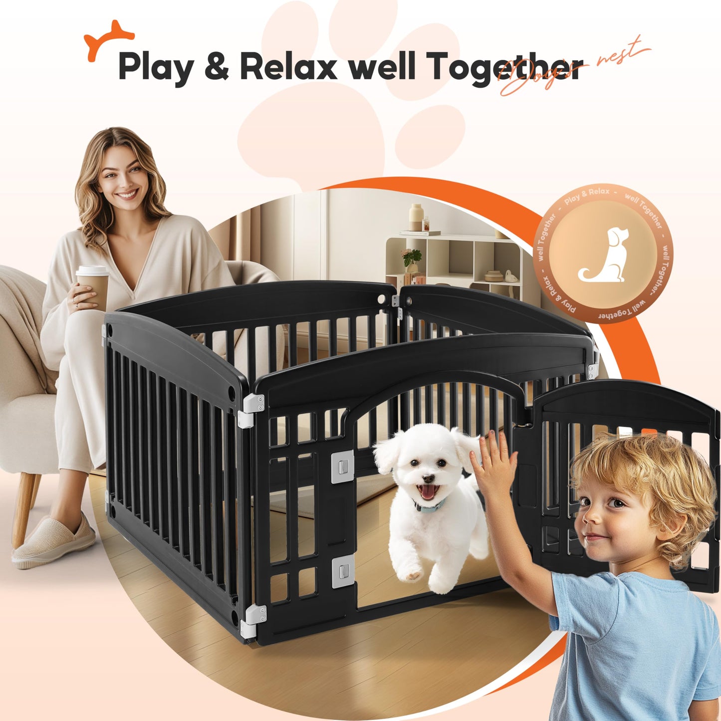 HealSmart Dog Playpen, 24” Exercise Puppy Playpen with Door, Safe, Secure, Folding & Portable Pet Playpen