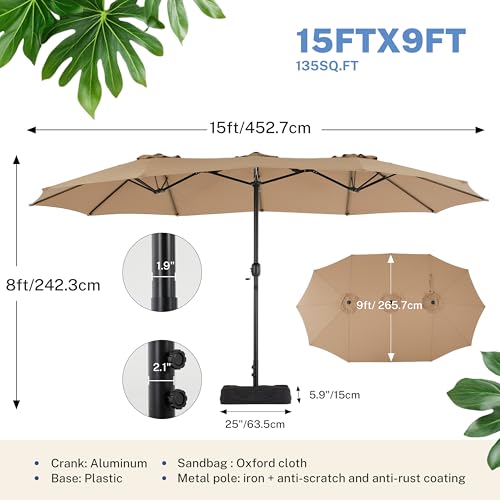 Simple Deluxe 15ft Outdoor Patio Umbrellas with Base Included, Double-Sided Rectangle Large Table Umbrella with Stand, Market Umbrellas for Poolside Backyard Lawn