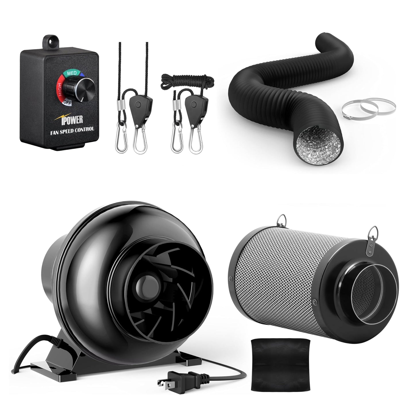 iPower 195 CFM Inline Fan, Upgrade Air Carbon Filter, 8 Feet Ducting Speed Controller Rope Hanger and Temperature Humidity Monitor Kits