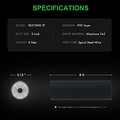 iPower Flexible 6 Inch 8 Feet Aluminum Ducting 4 Layer Protection Dryer Vent Hose for HVAC Heating Cooling Exhaust and Ventilation, 2 Clamps Included, Black