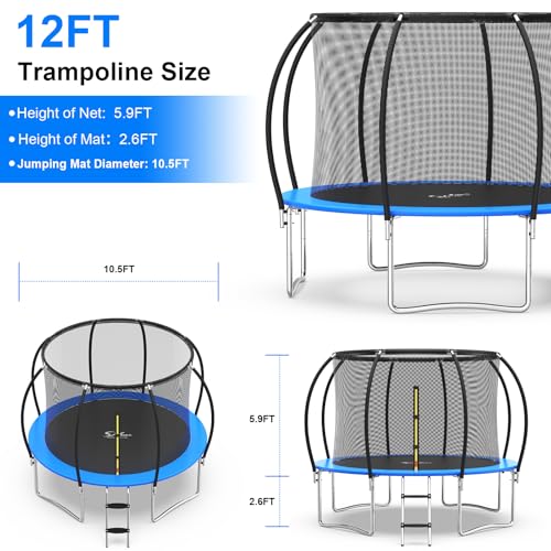 Simple Deluxe Trampoline for Kids with Safety Enclosure Net Wind Stakes 400LBS Weight Capacity 12FT Blue Inside Net