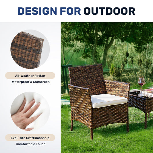Simple Deluxe 3-Piece Patio Set, PE Rattan Chairs with Cushions & Glass Table, Waterproof Outdoor Conversation Set for Garden, Backyard, Balcony