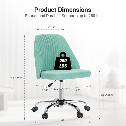YSSOA Office Desk Chair with Back and Wheels Computer Fabric Chair Armless Adjustable Height Comfy Vanity Chair with Swivel Rolling Home Chairs for Bedroom Adult Green