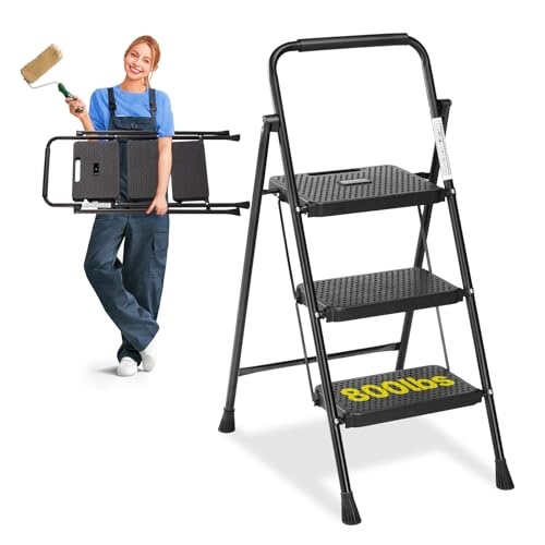 Simple Deluxe 3 Step Ladder, Step Stool Foldable, 800lbs Portable Ladder with Wide Anti-Slip Pedal, Step Stool for Adults, Lightweight Step Ladder for Home Kitchen and Outdoor