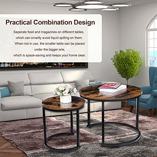 YSSOA Nesting Set of 2 for Living Room Balcony Office, Round Wood Accent Side Coffee Tables with Sturdy Metal Frame, Easy Assembly, Rustic Brown