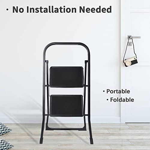 YSSOA 2 Step Ladder, Folding Step Stool with Wide Anti-Slip Pedal, 550 lbs Sturdy Steel Ladder, Convenient Handgrip, Lightweight, Portable Steel Step Stool, Black