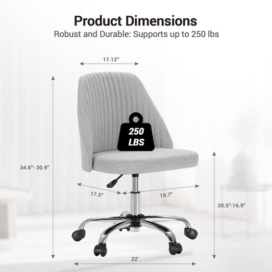 Simple Deluxe Office Desk Chair with Back and Wheels Computer Fabric Chair Armless Adjustable Height Comfy Vanity Chair with Swivel Rolling Home Chairs for Bedroom Adult