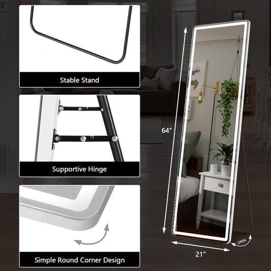 64"x21" Full Length Mirror with LED Lights, LED Lights Hanging Mounted Mirror, Aluminum Frame LED Mirrors with Dimming & 3 Color Lighting, Lighted Full Body Mirrors for Bedroom, Dressing Room
