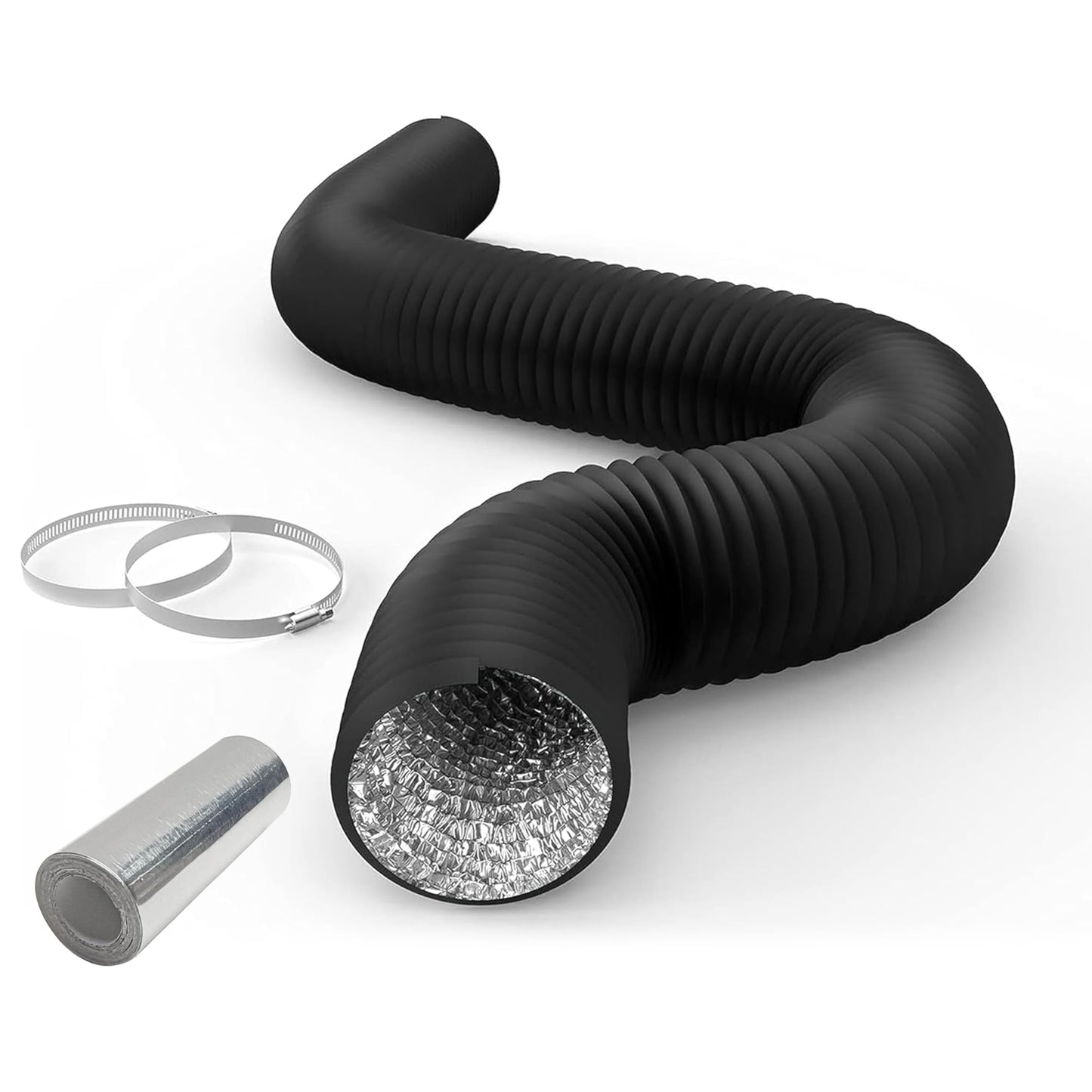 iPower Flexible 6 Inch 8 Feet Aluminum Ducting 4 Layer Protection Dryer Vent Hose for HVAC Heating Cooling Exhaust and Ventilation, 2 Clamps Included, Black