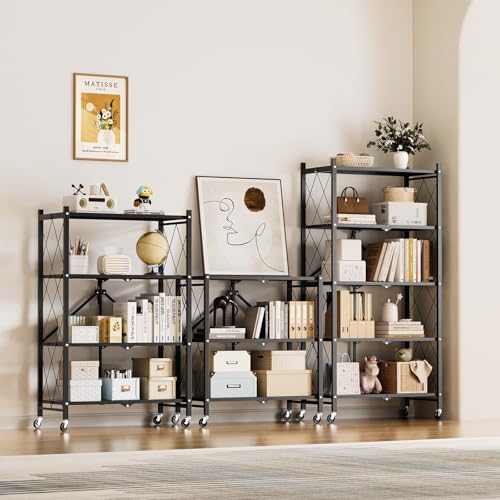 3-Tier Heavy Duty Foldable Metal Rack Storage Shelving Unit with Wheels Moving Easily Organizer Shelves Great for Garage Kitchen Holds up to 750 lbs Capacity, Black