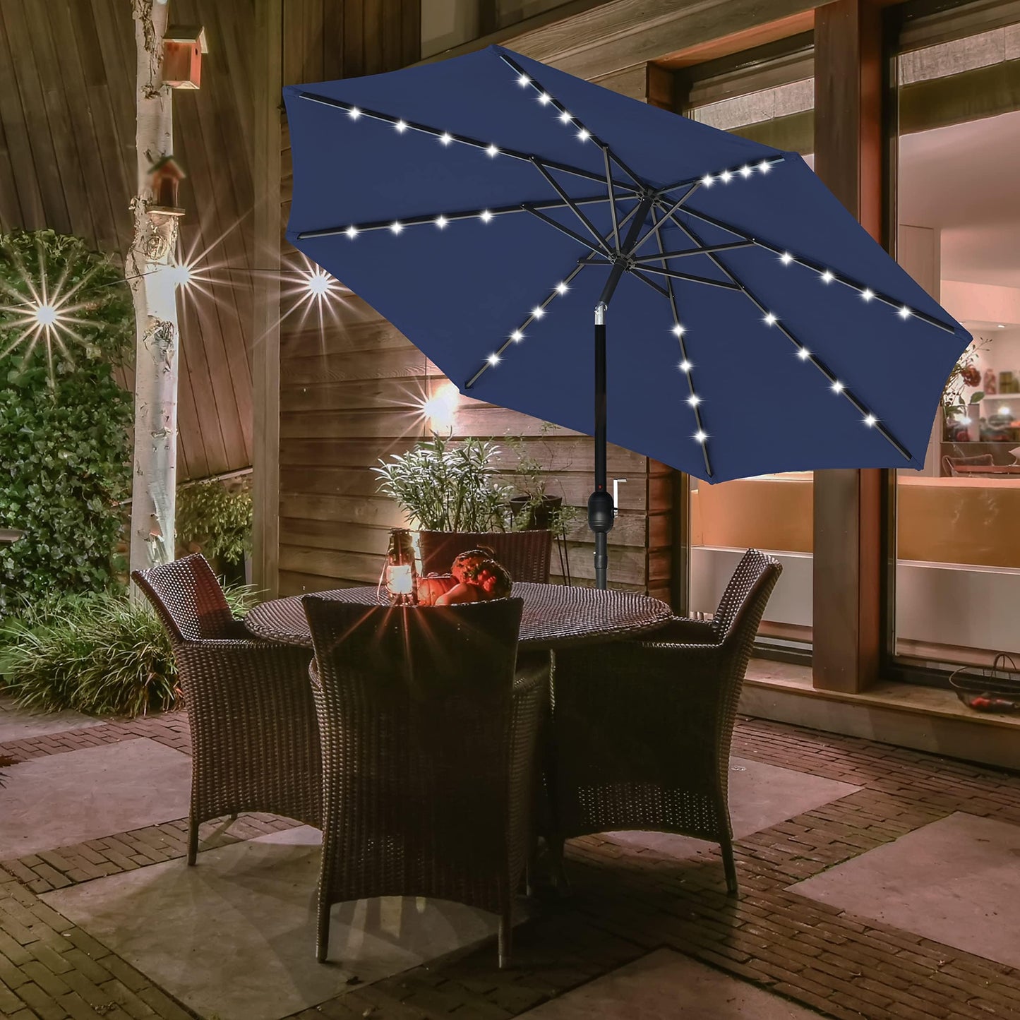 Simple Deluxe 9' Solar Umbrella 32 LED Lighted Patio Umbrella Table Market Umbrella with Push Button Tilt/Crank Outdoor Umbrella for Garden, Deck, Backyard and Pool