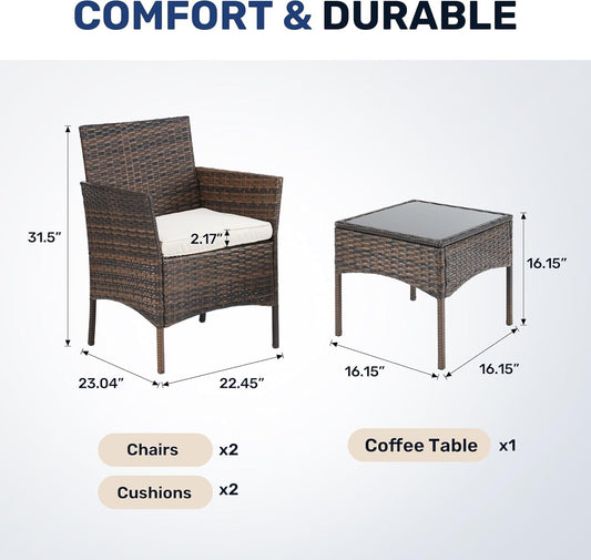 Simple Deluxe Patio Furniture Set 3 Pieces Outdoor Rattan Wicker Chairs with Soft Cushion and Glass Coffee Table