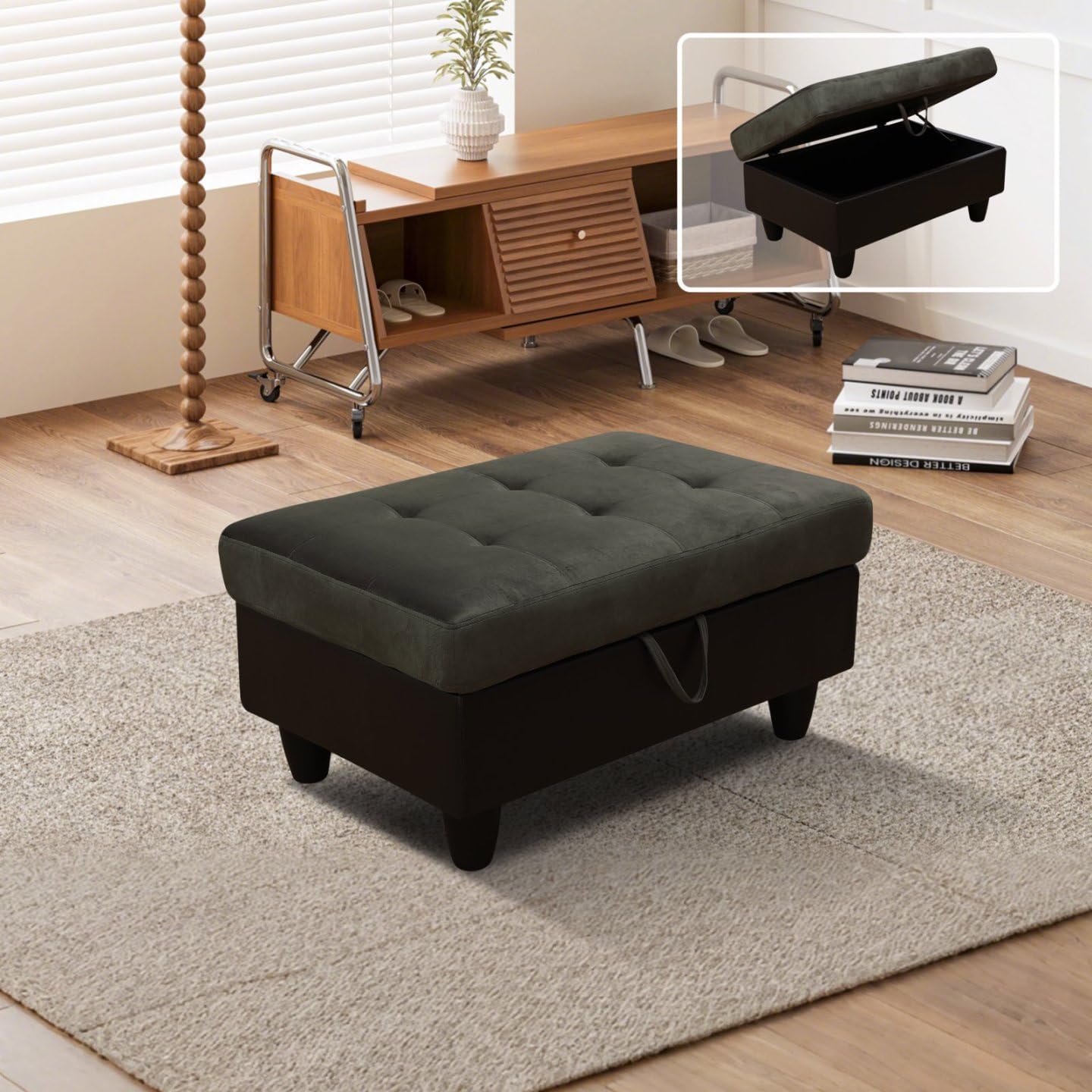 Simple Deluxe Taupe Flannel and PVC Storage Ottoman 35x23.5x17.5 - Room Decor, Organization and Storage Solution, Ottoman for Living Room, Bedroom