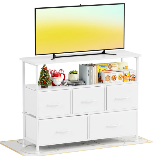 Simple Deluxe TV Stand Dresser for Bedroom Entertainment Center with 5 Fabric Drawers, Storage Organizers Units for Living Room, Media Console Table with Open Shelf up for 45" TV, Wood top