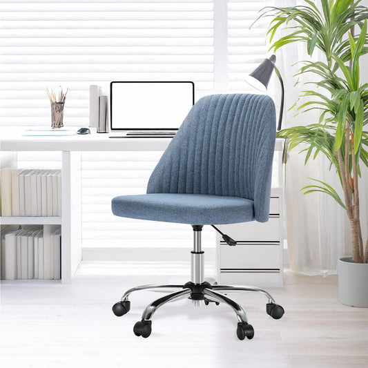 YSSOA Office Desk Chair with Back and Wheels Computer Fabric Chair Armless Adjustable Height Comfy Vanity Chair with Swivel Rolling Home Chairs for Bedroom Adult Blue