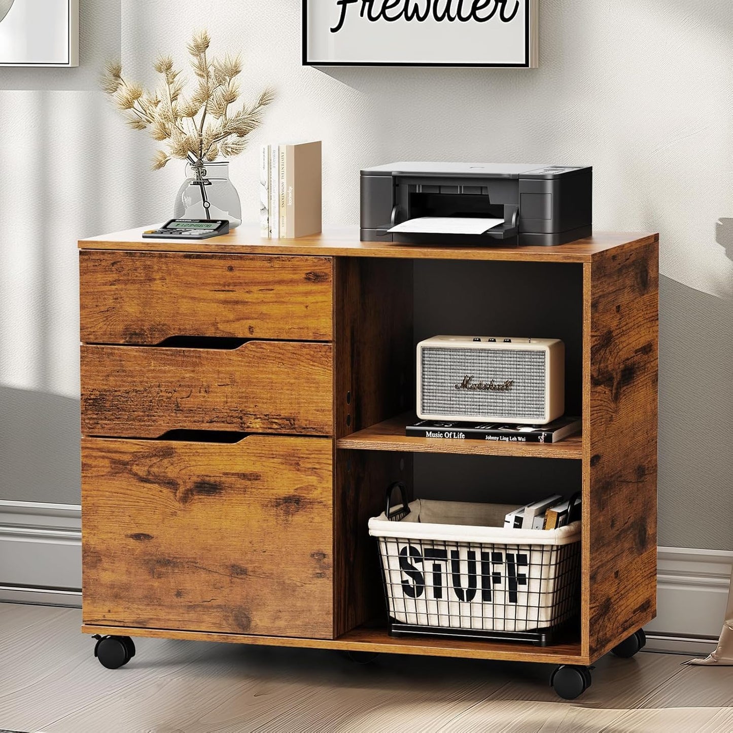 Simple Deluxe 3-Drawer File Cabinet, Lateral Mobile Filing Cabinet Wood Storage Organizer with Wheels