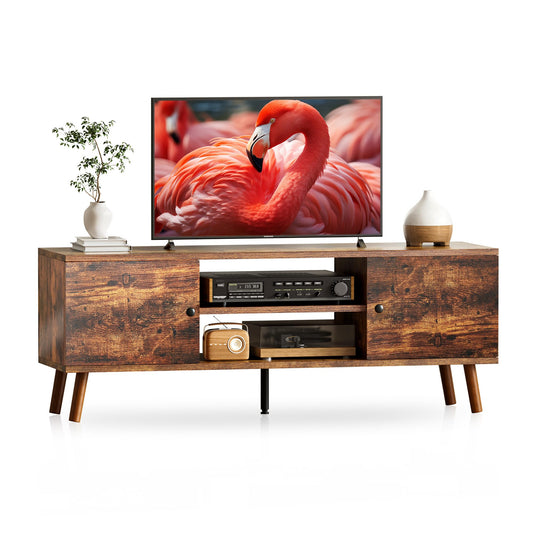YSSOA TV Stand for 40 55 60 inch Living Room, 2 Cabinet Media Console Table, Entertainment Center with Storage, Soft Hinge Door with Handle, Wood Feet, Bedroom Furniture-Brown